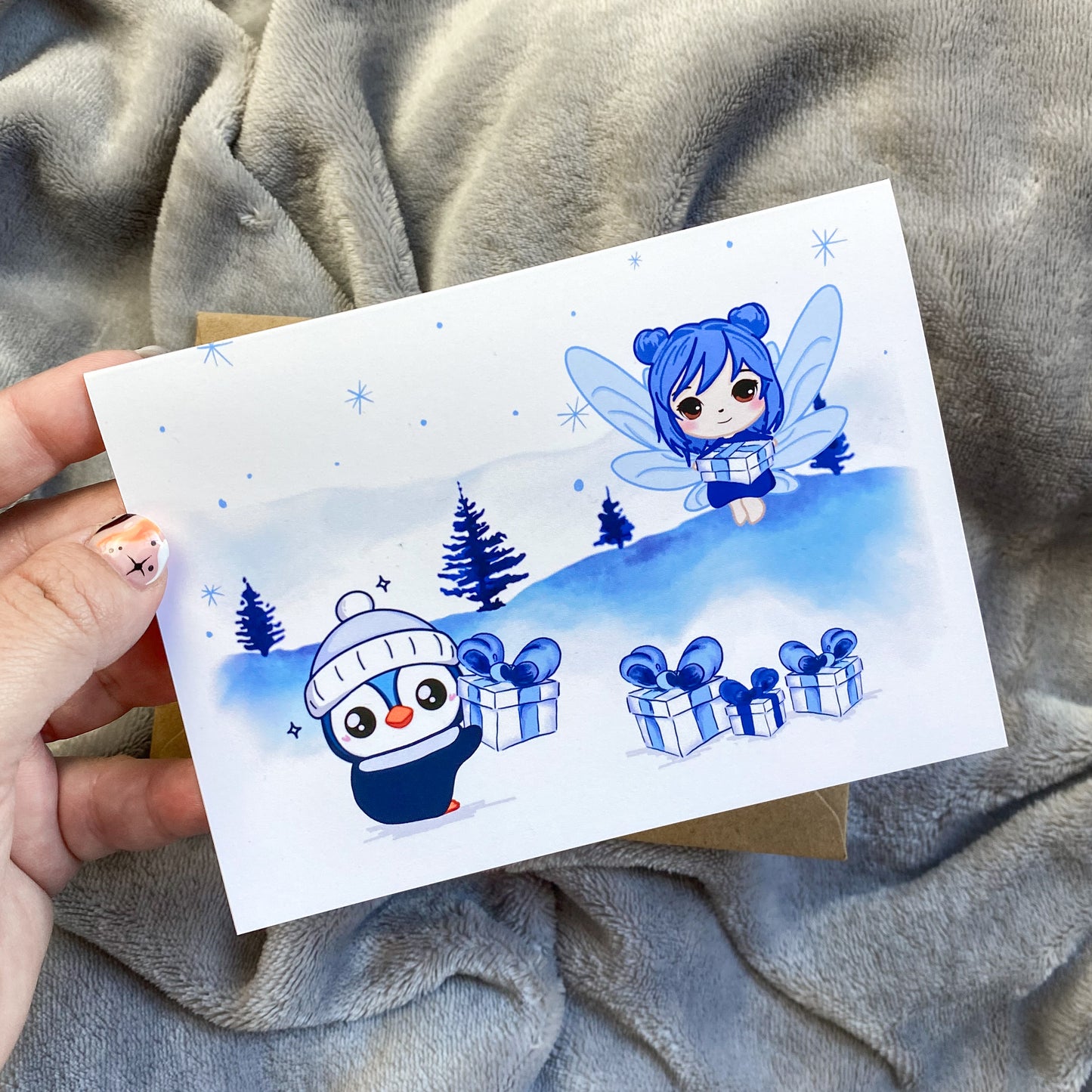 Kawaii Christmas Card - Snowy Landscape Anya and Picky