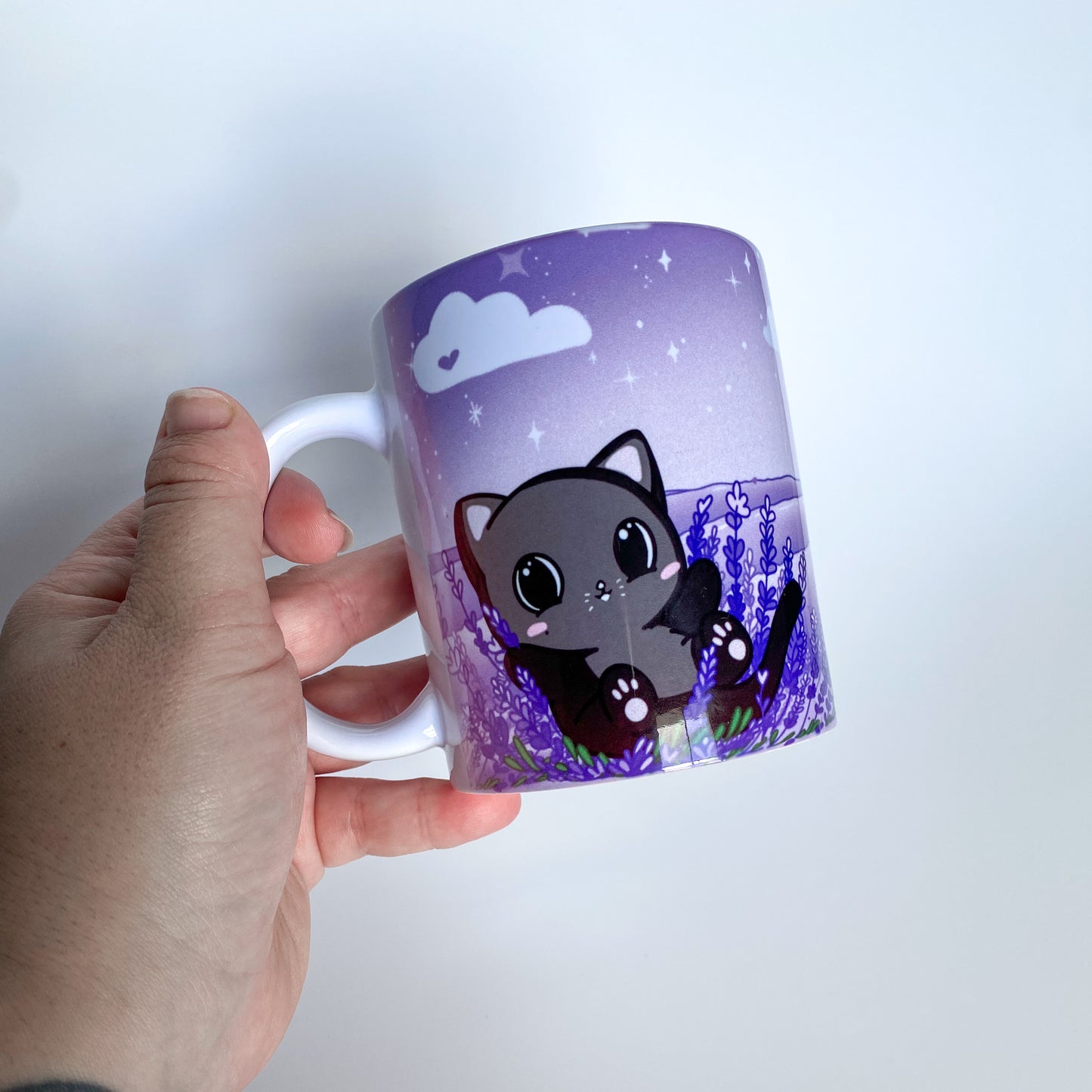 Illustrated Fantasy Mug – Kawaii Dragon and Kitten in Lavender Field