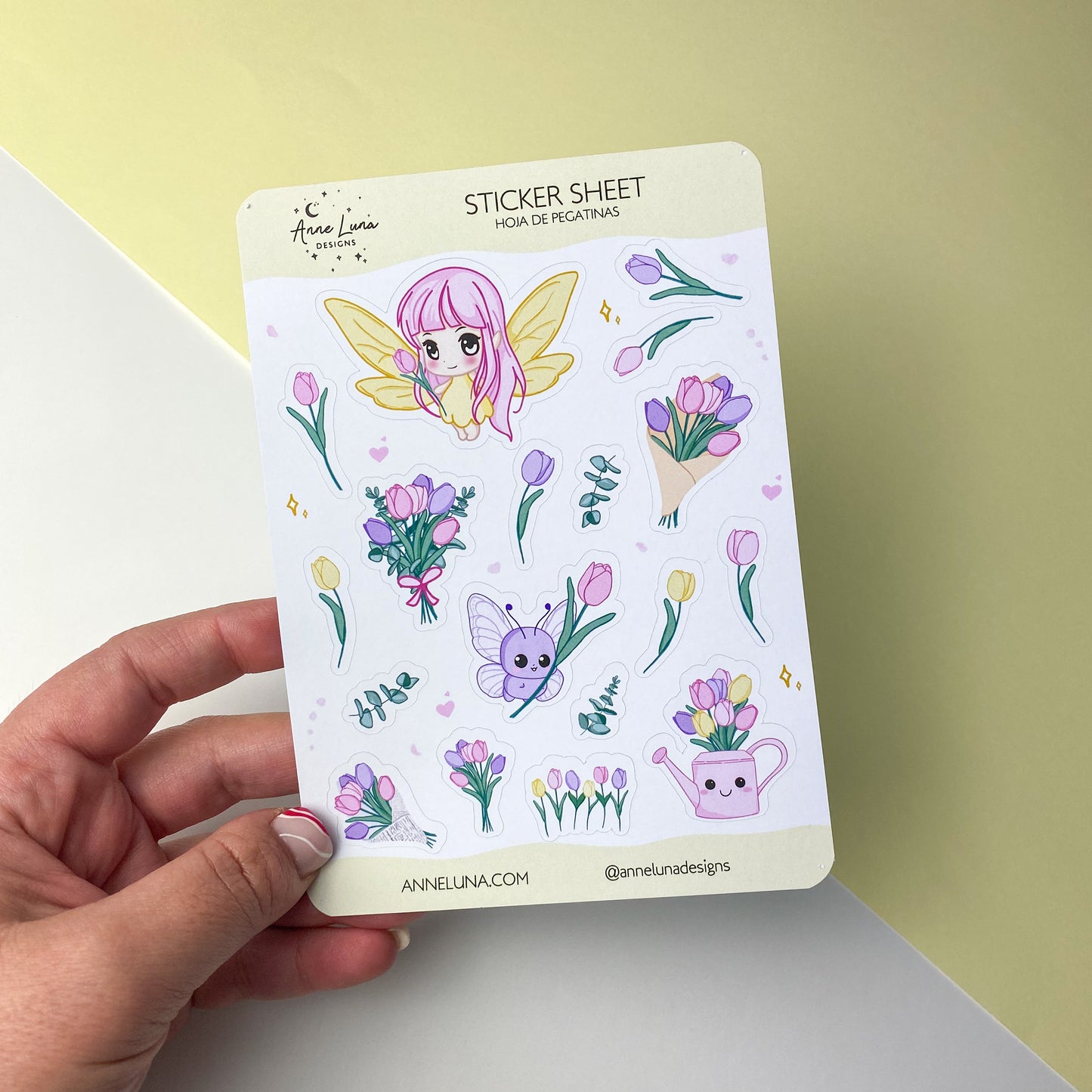 Hoja de Pegatinas Kawaii - Luna y Tulipanes - Decoración Bullet Journal