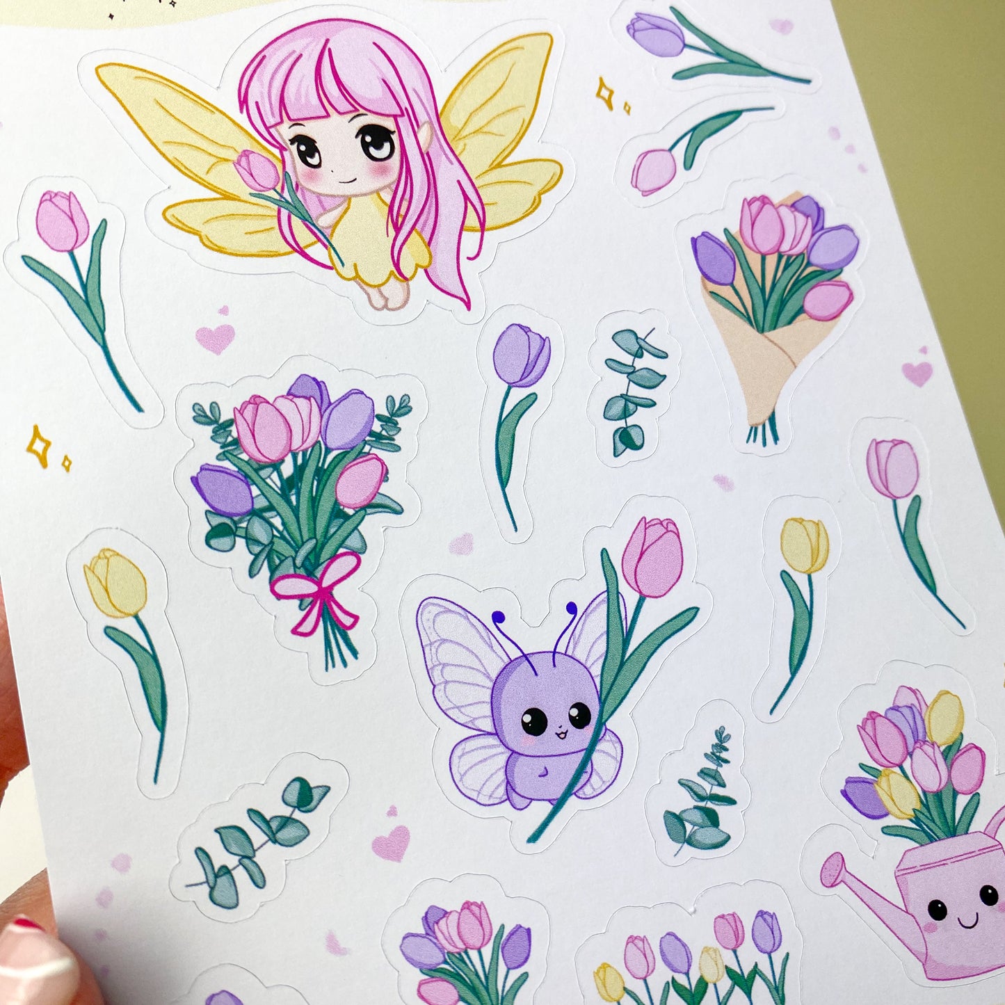 Hoja de Pegatinas Kawaii - Luna y Tulipanes - Decoración Bullet Journal