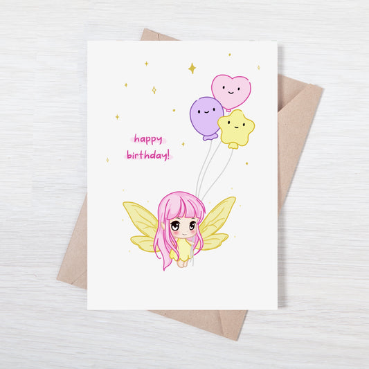 Tarjeta Felicitación Kawaii Personalizable - Luna con Globos