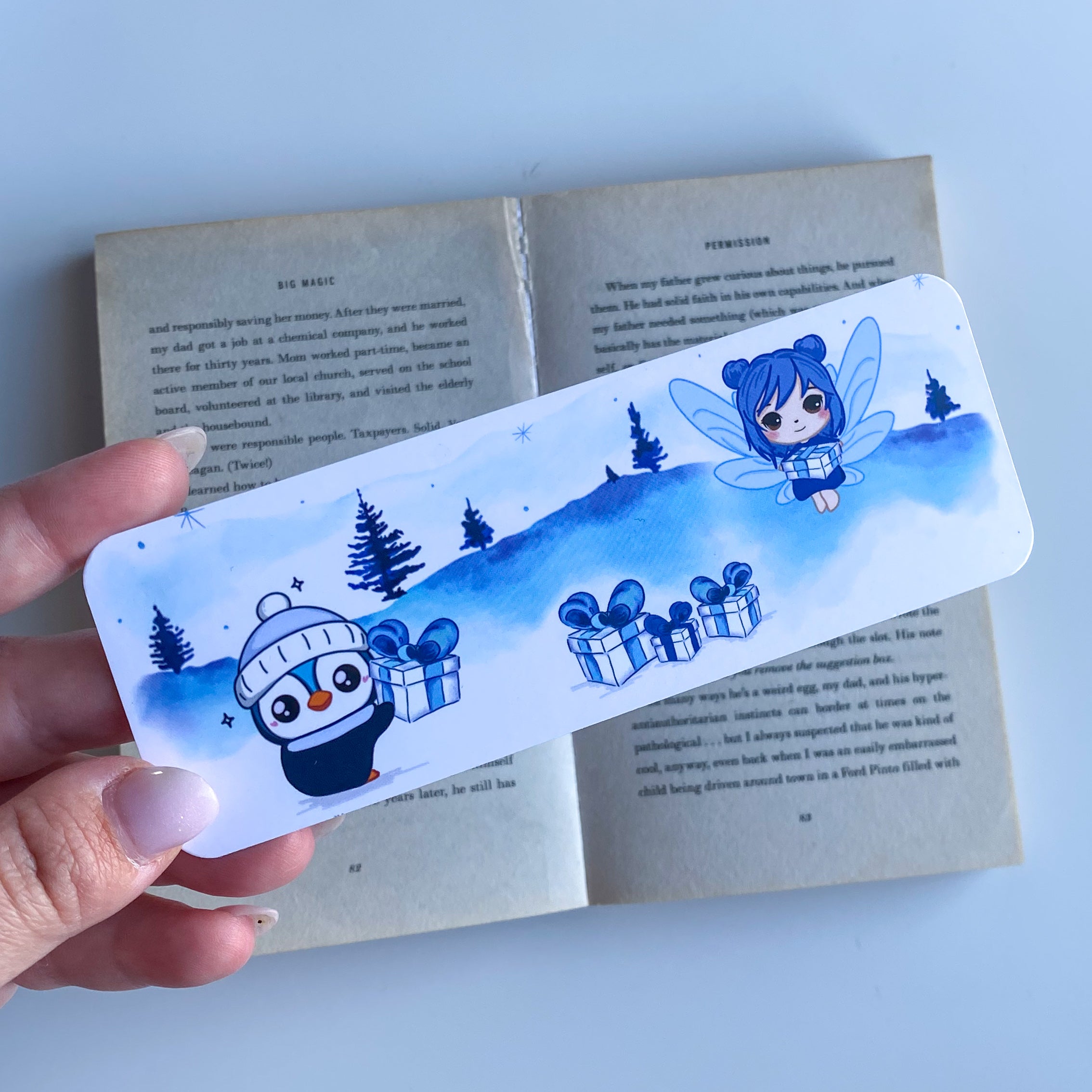 Marcapáginas Ilustración Invernal - Piko & Anya - Pingüino y Hada estilo Kawaii