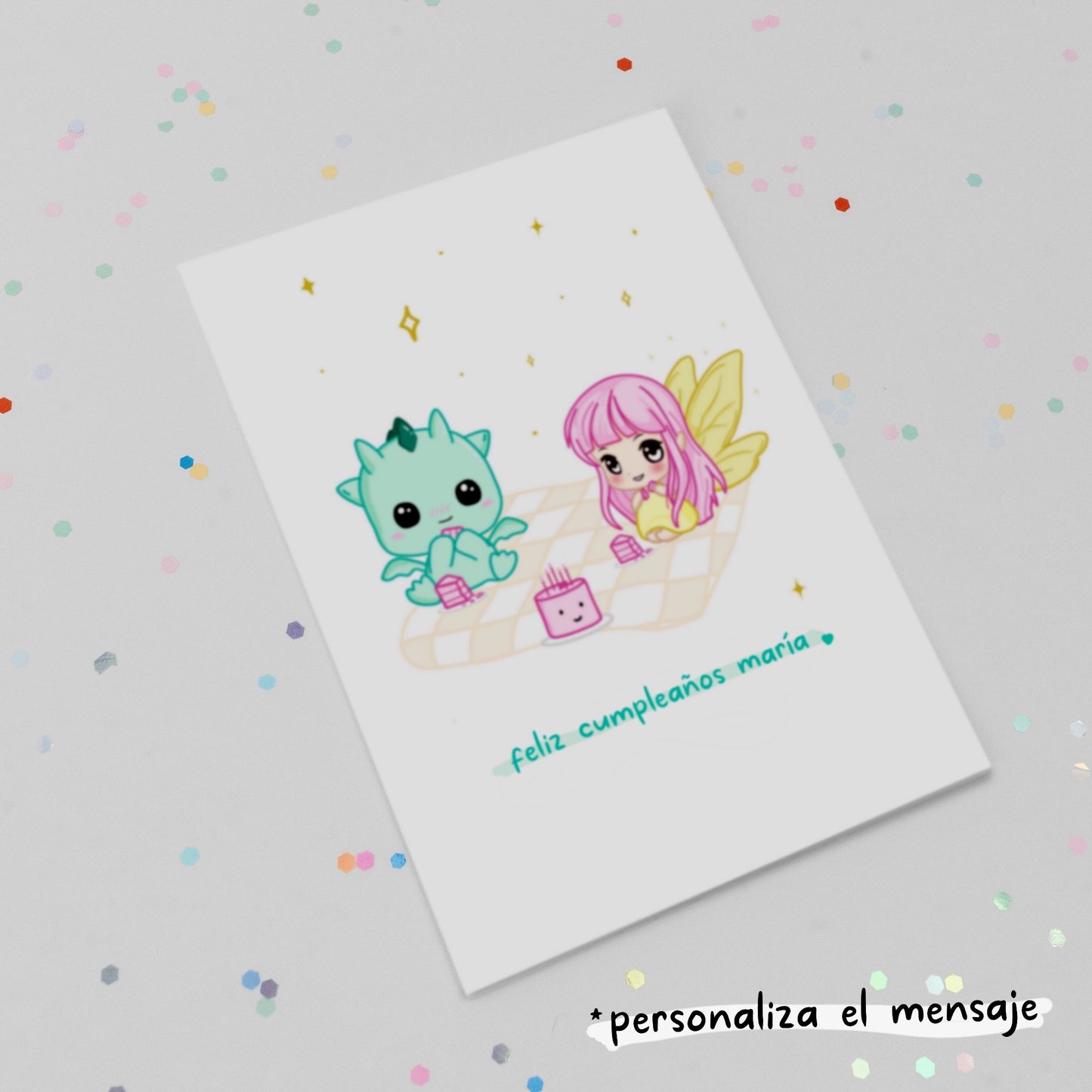 Tarjeta Felicitación Kawaii Personalizable - Kai y Luna