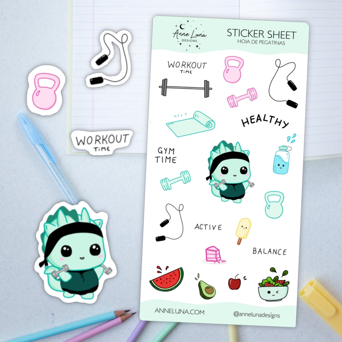 Kawaii Sticker Sheet - Kai Exercise - Bullet Journal Decoration
