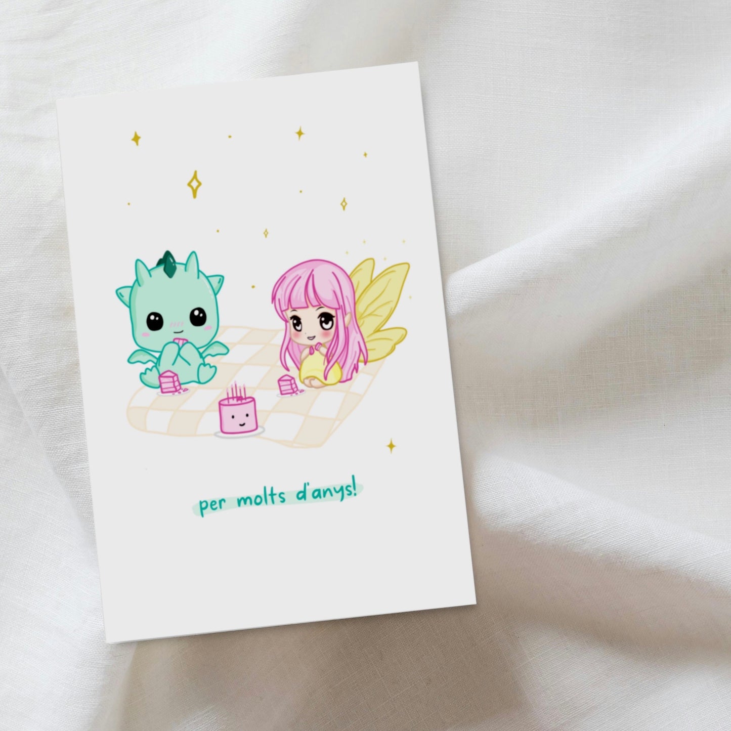 Tarjeta Felicitación Kawaii Personalizable - Kai y Luna