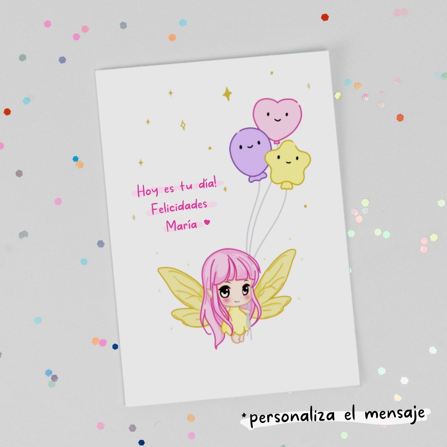 Tarjeta Felicitación Kawaii Personalizable - Luna con Globos