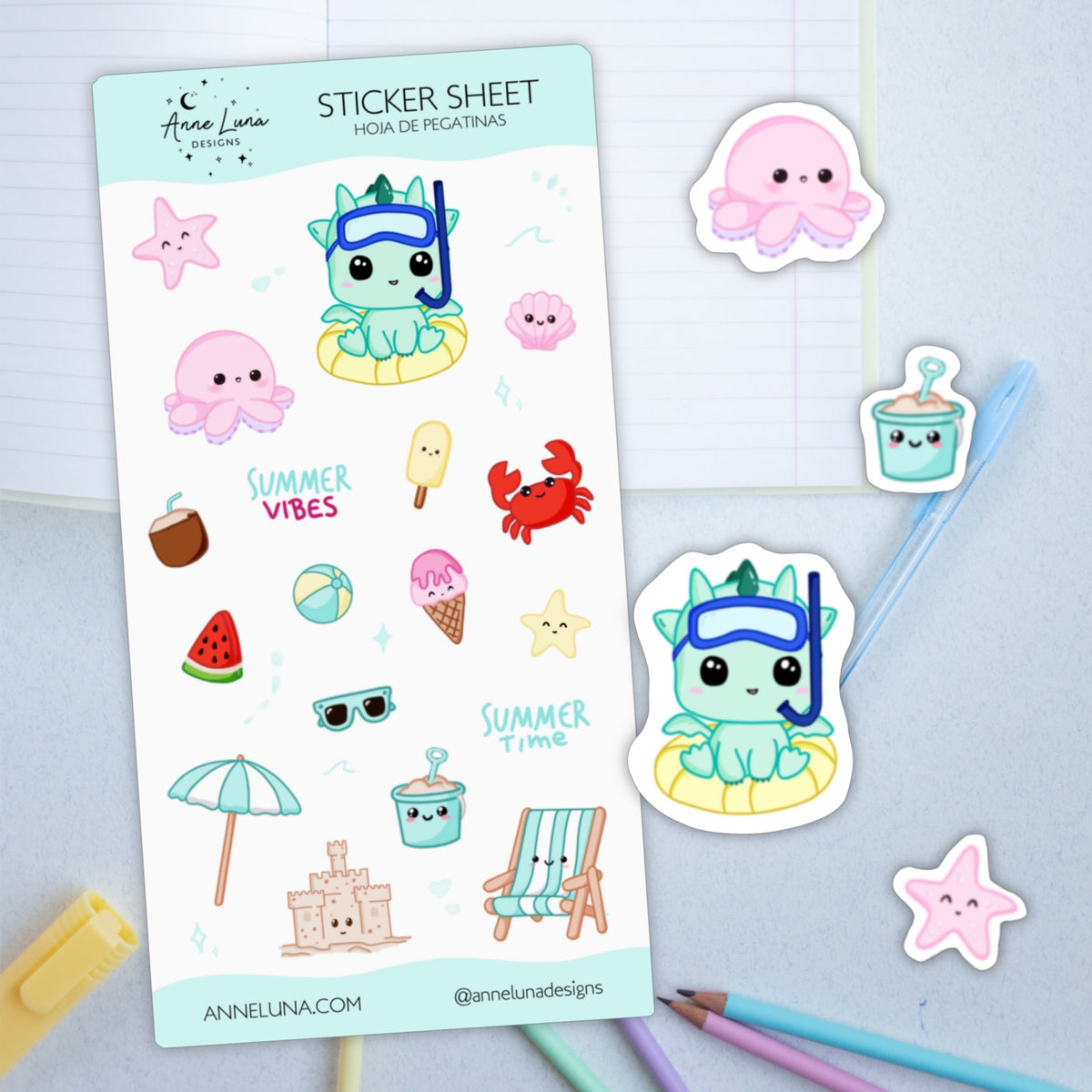 Kawaii Sticker Sheet - Kai in Summer - Bullet Journal Decoration