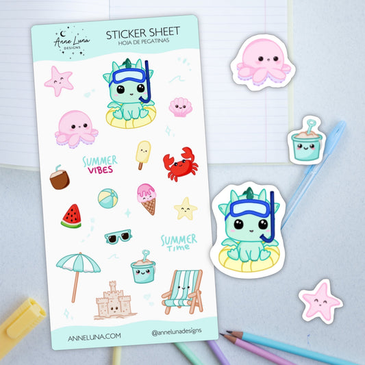 Hoja de Pegatinas Kawaii - Kai en Verano - Decoración Bullet Journal