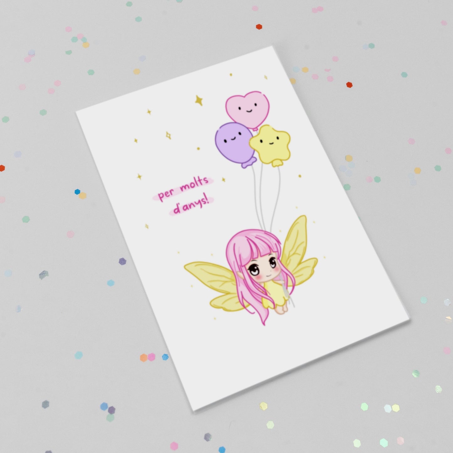 Tarjeta Felicitación Kawaii Personalizable - Luna con Globos