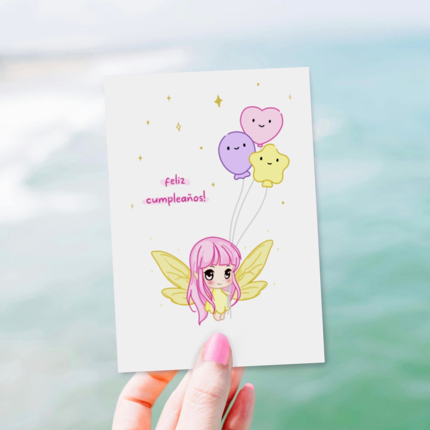 Tarjeta Felicitación Kawaii Personalizable - Luna con Globos