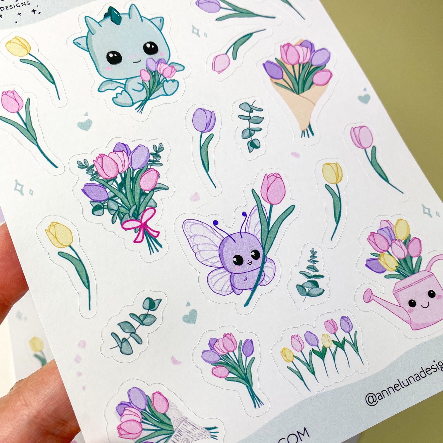 Hoja de Pegatinas Kawaii - Kai y Tulipanes - Decoración Bullet Journal