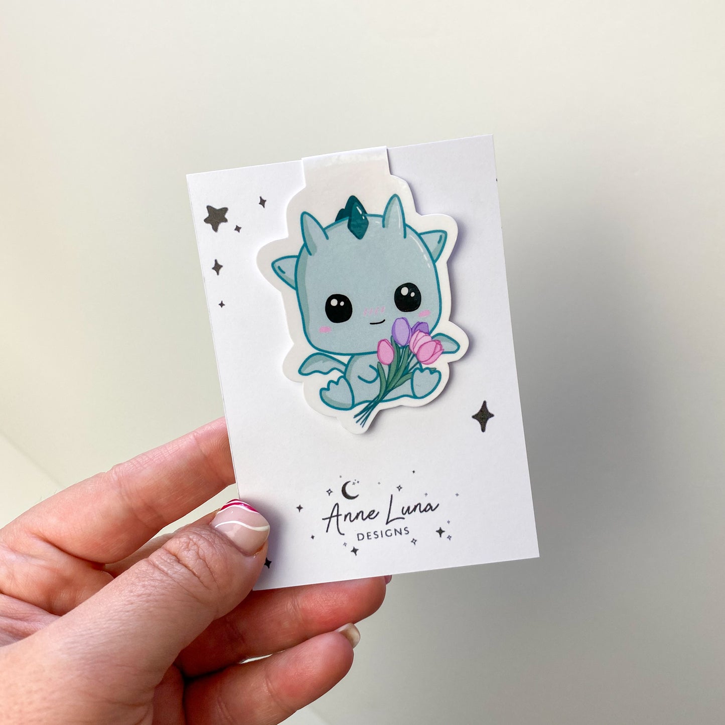 Magnetic Bookmark - Kai with Tulips - Kawaii Style Dragon