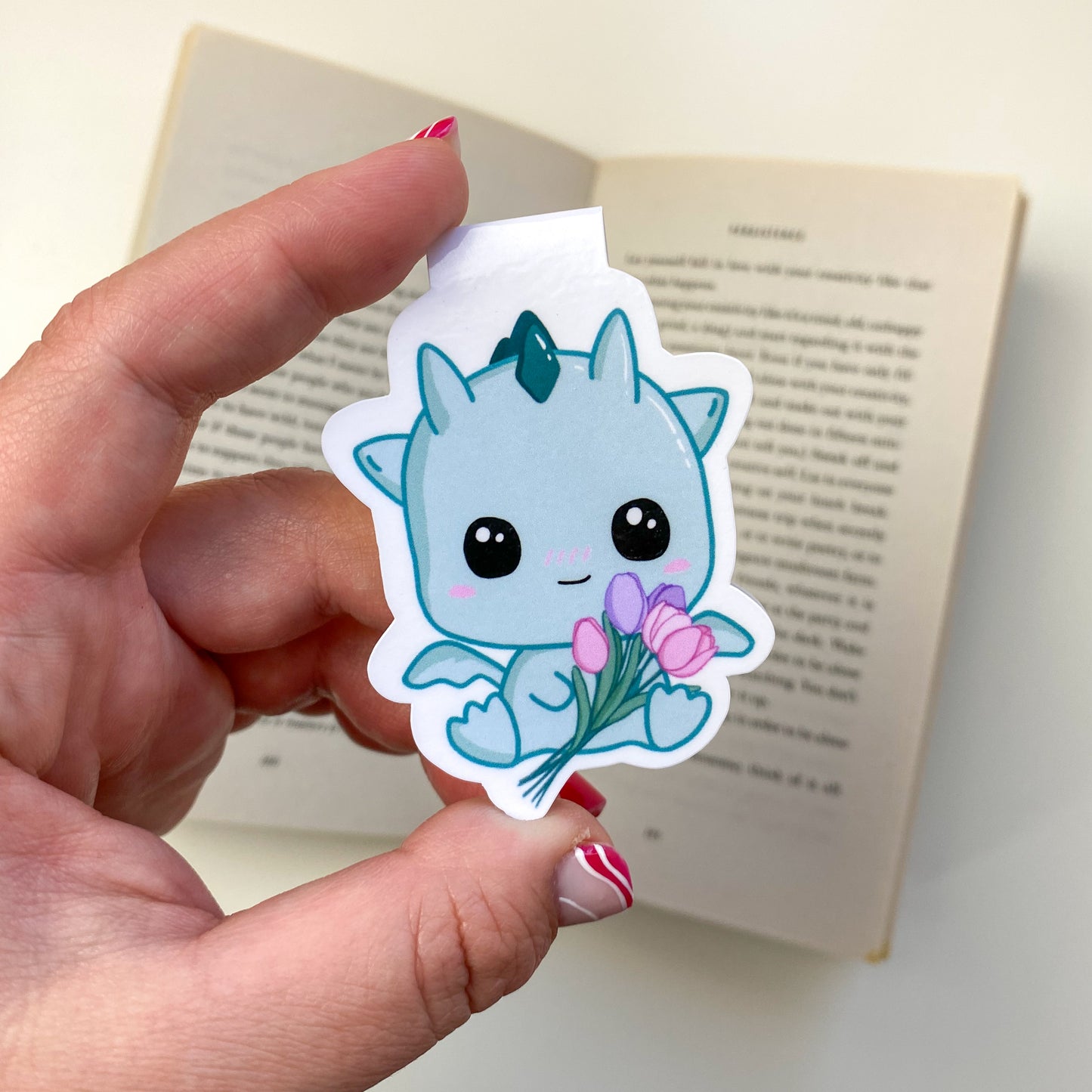 Magnetic Bookmark - Kai with Tulips - Kawaii Style Dragon