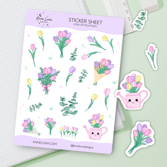 Hoja de Pegatinas Kawaii - Tulipanes - Decoración Bullet Journal